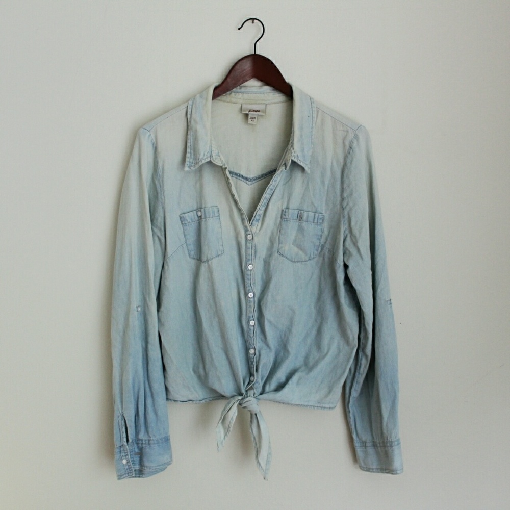 Cropped chambray tie-front top